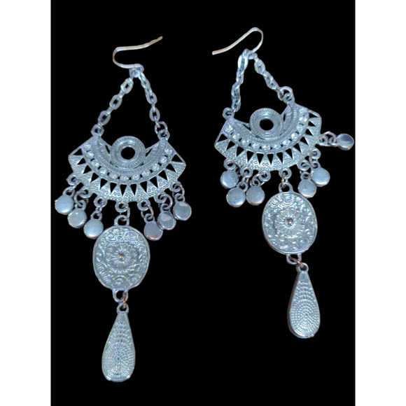 Silver tone and Rhinestones Bohemian dangling hook earrings - Picture 2 of 2